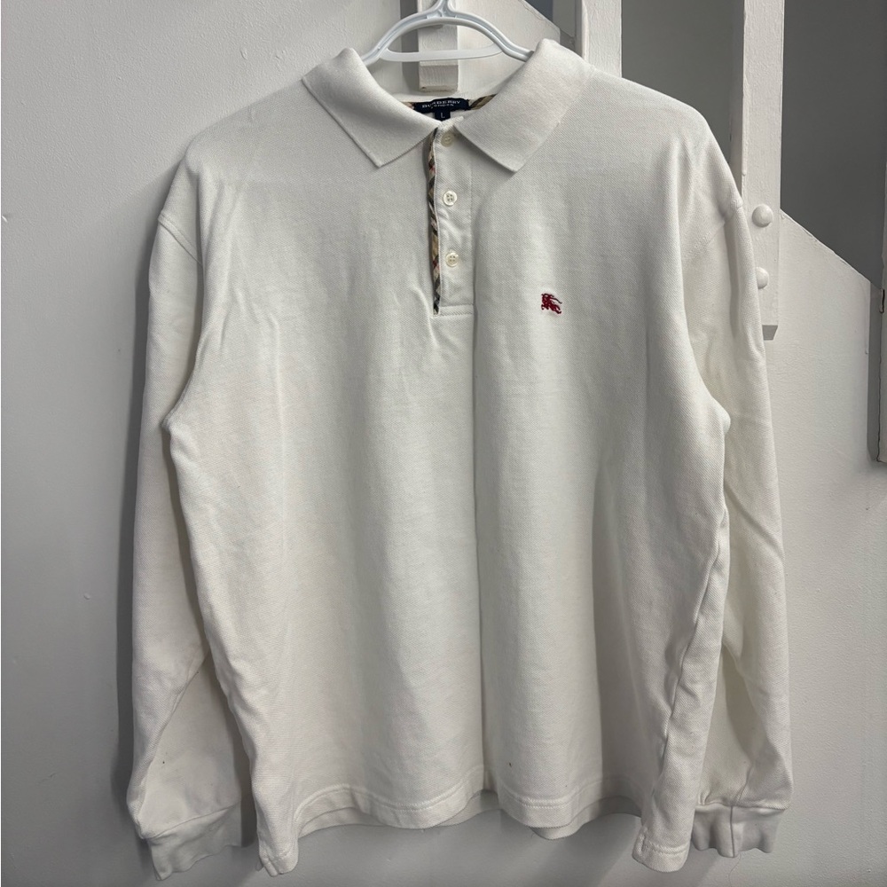 Burberry London White Long Sleeve Polo Shirt Nova Check Placket Large